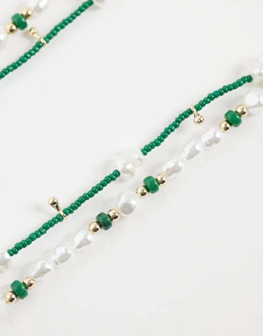 ASOS DESIGN 2 pack faux pearl and seedbead necklace in green, 4 of 4