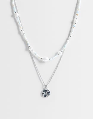 Asos Design 2 Pack Faux Pearl Beaded And Coin Pendant Necklace In Silver