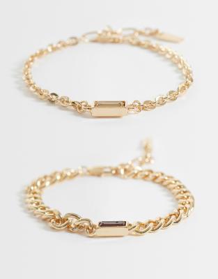 Asos Design 2 Pack Faux-stone Chain Bracelet In Gold