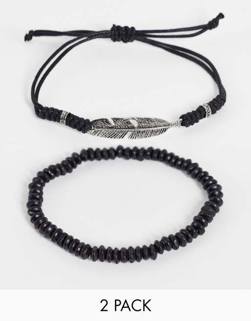 ASOS DESIGN – 2-Pack Festival-Armbänder im Kordel- und Perlendesign in Schwarz mit Anhänger  