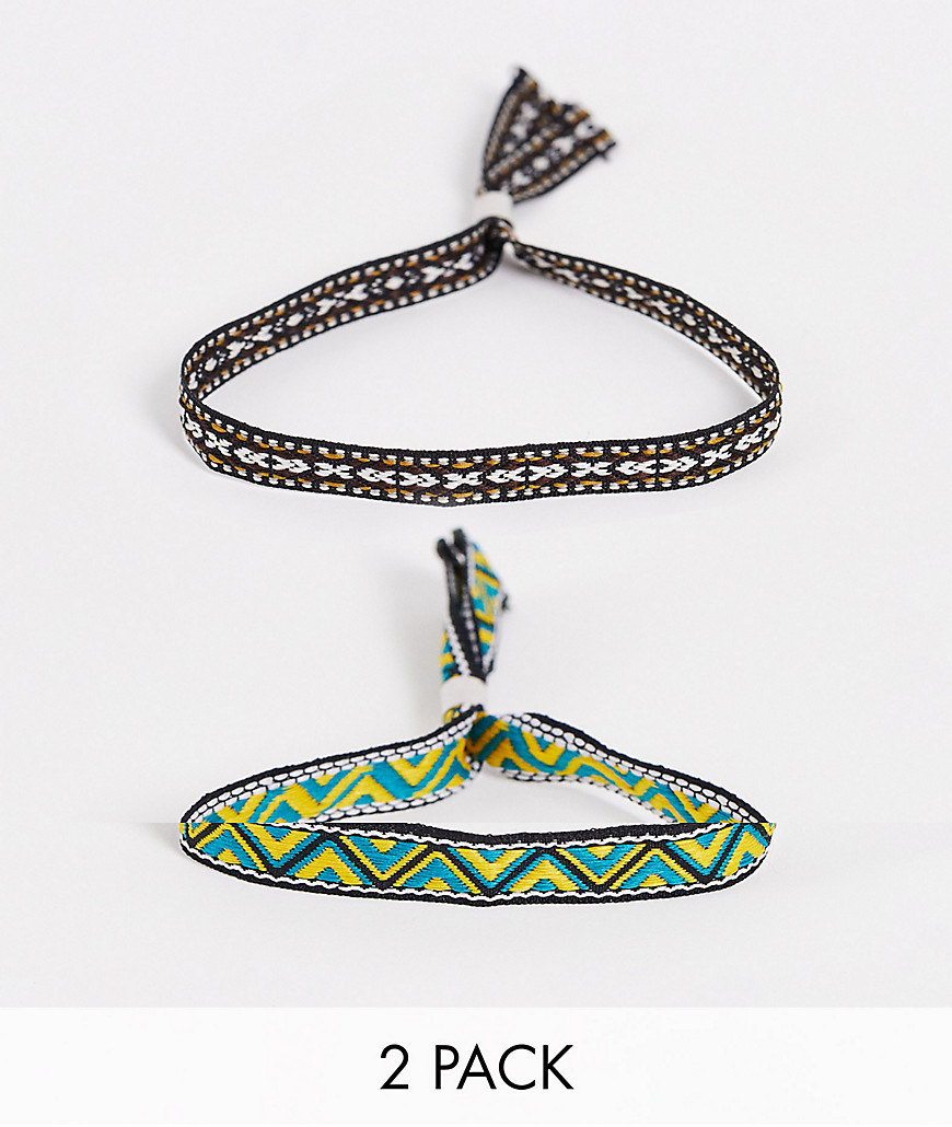ASOS DESIGN 2 pack festival fabric bracelet set in green and black pattern print in multi color