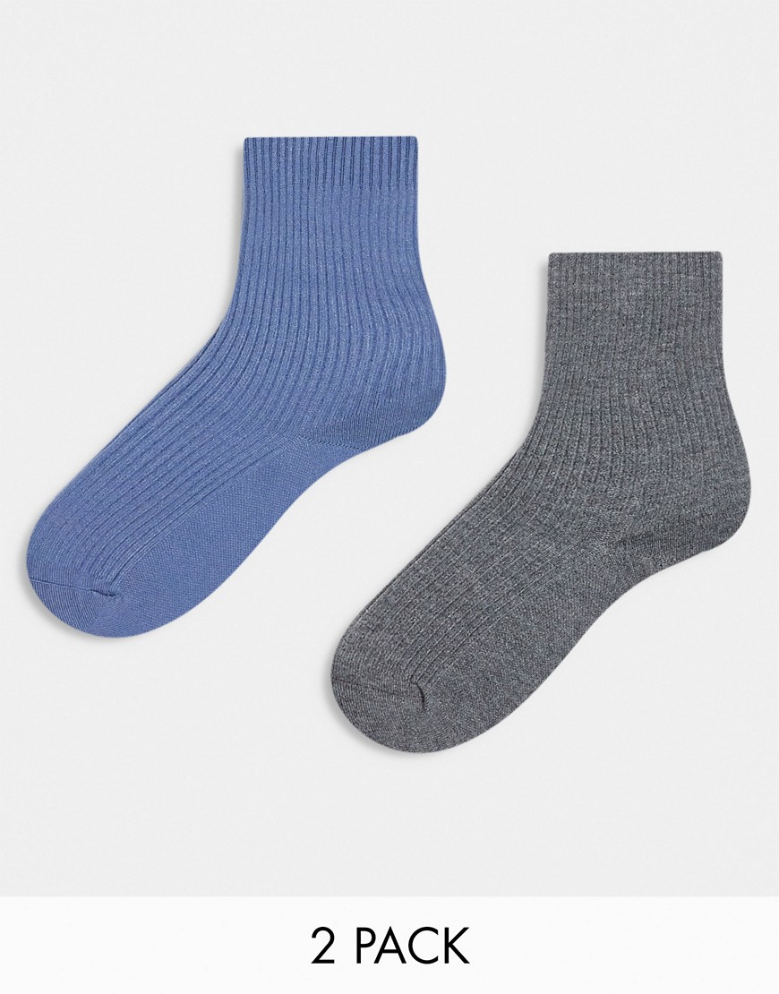 Asos Design 2-pack Fine Rib Ankle Socks-multi In Blue