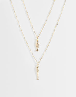 Asos Design 2 Pack Fish Pendant Necklace In Gold