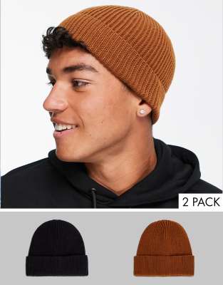 ASOS DESIGN 2 pack fisherman beanie in tobacco and black SAVE-Multi