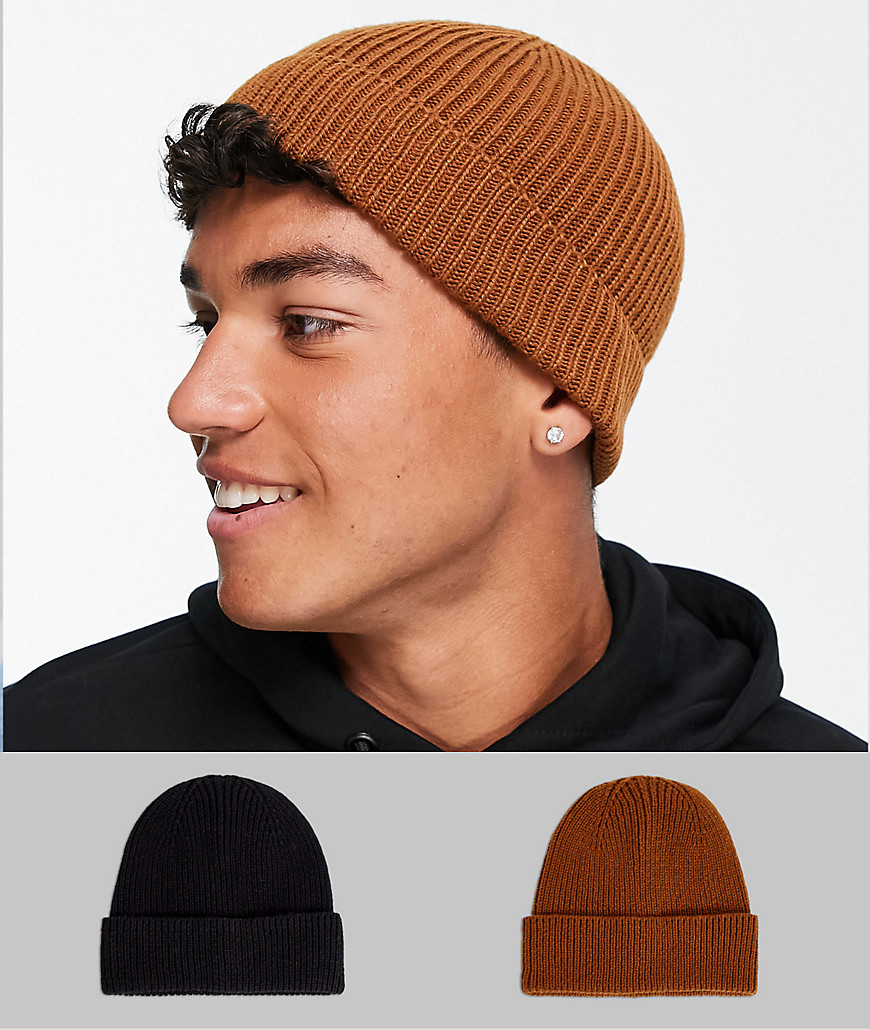 ASOS DESIGN 2 pack fisherman beanie in tobacco and black SAVE-Multi