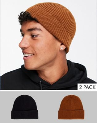 ASOS DESIGN 2 pack fisherman ribbed beanie in tobacco and black - ASOS Price Checker