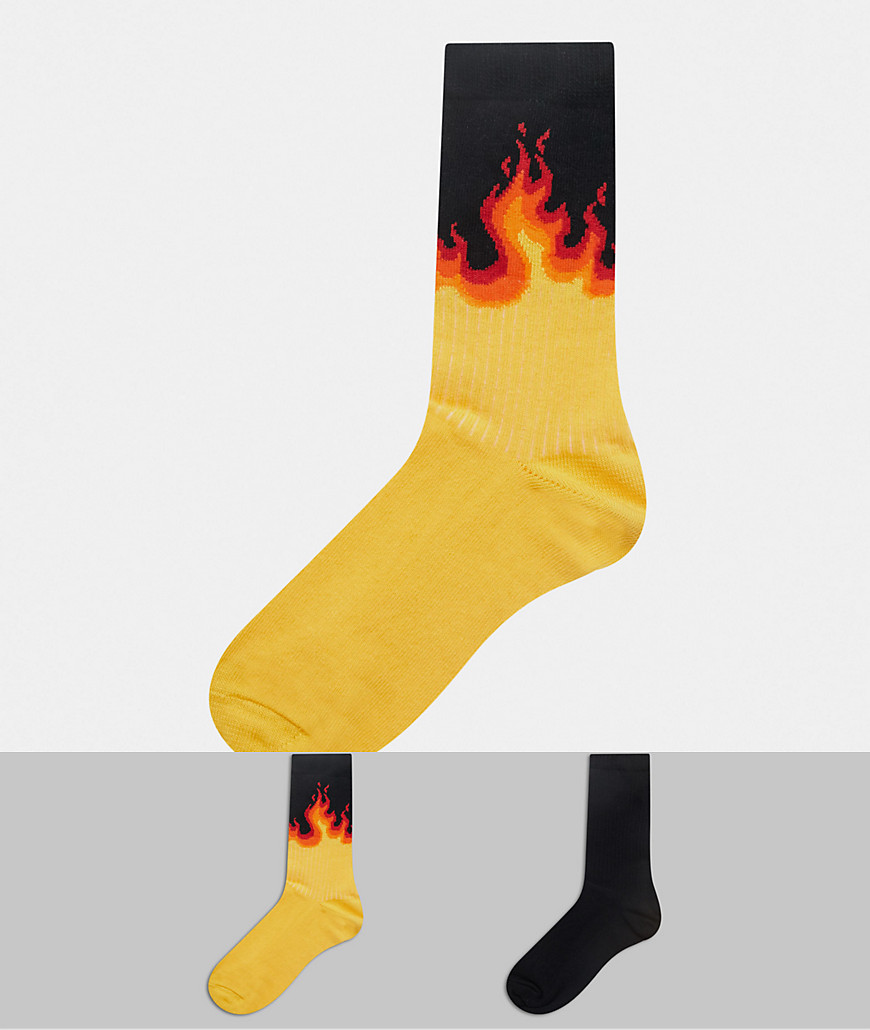 ASOS DESIGN 2 pack flame and plain calf length socks in multi-Black