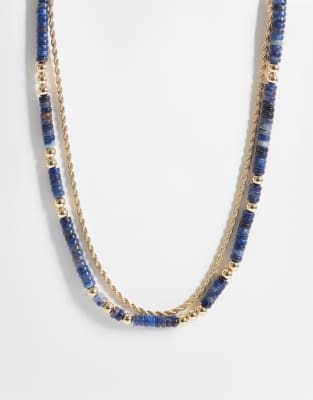 Asos Design 2 Pack Flat Rounded Edge Beaded And Rope Chain Necklace In Blue