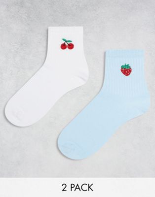 Asos Design 2 Pack Fruit Embroidery Ankle Socks-multi