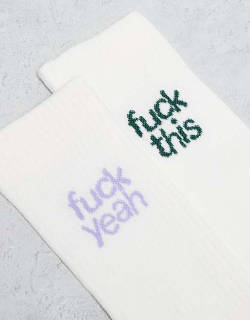 ASOS DESIGN 2 pack fuck socks in ecru