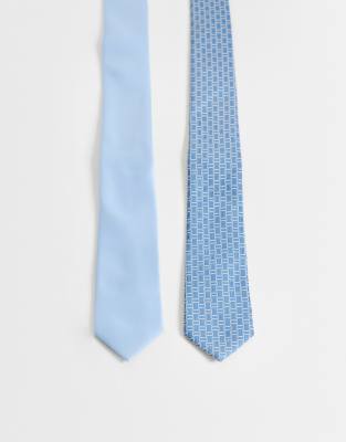 Asos Design 2 Pack Geometric Pattern And Satin Tie In Blue