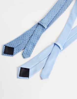 Asos Design 2 Pack Geometric Pattern And Satin Tie In Blue