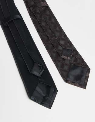 Asos Design 2 Pack Geometric Print Tie And Pocket Square In Black
