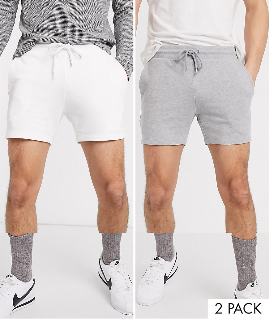 ASOS DESIGN – 2-pack gråmelerade/vita korta jersey-shorts med extra smal passform – Spara-Flerfärgad