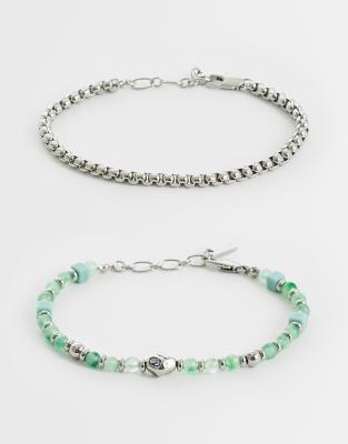 Asos Design 2 Pack Green Prehnite Semi-precious Square Beaded And Chain Bracelet In Silver