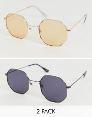 ASOS DESIGN – 2-pack guldfärgade och svarta åttkantiga solglasögon i metall-Flerfärgad