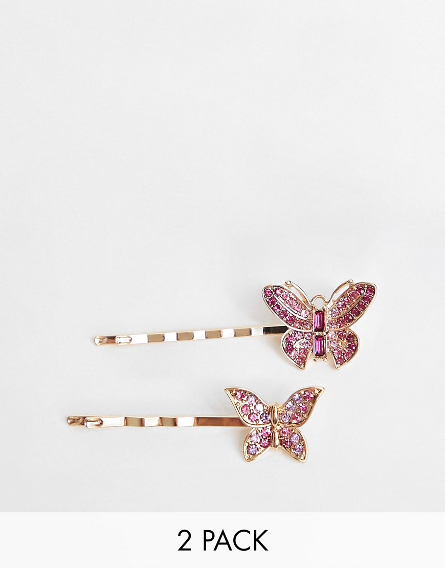 ASOS DESIGN 2-pack hair clips with diamante butterfly detail-Multi