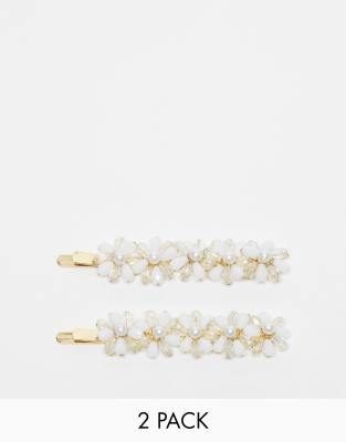 ASOS DESIGN 2-pack hair clips with floral design-White