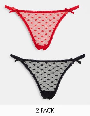 ASOS DESIGN 2 pack heart mesh thong in black & red