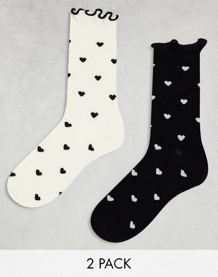 ASOS DESIGN 2 pack heart socks with frill edge in mono