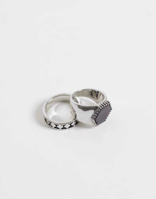 ASOS DESIGN 2 pack hexagon black stone and pattern signet rings in silver, 2 of 3