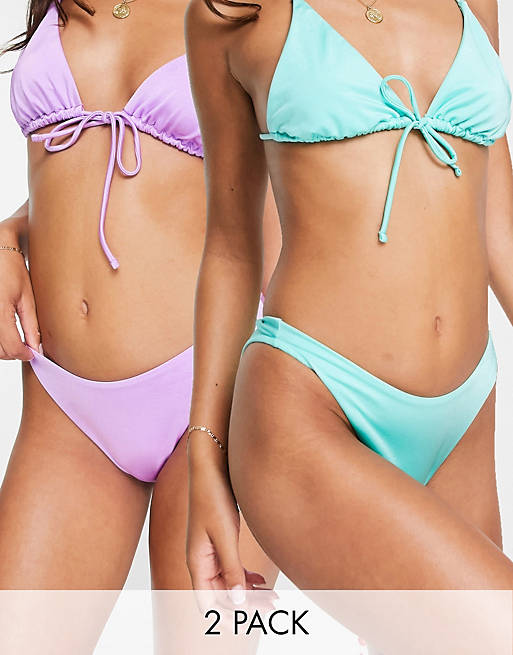 Asos Women Sport & Swimwear Swimwear Bikinis High Leg Bikinis 2 pack high leg hipster bikini bottom in lilac & turquoise 