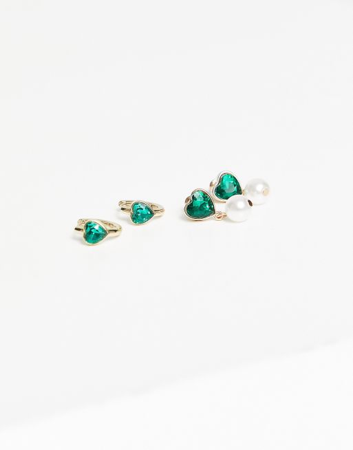 ASOS DESIGN 2-pack hoop and stud earrings set with hearts and green crystals