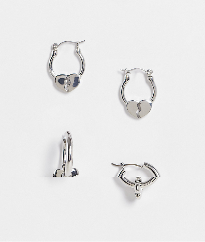 ASOS DESIGN 2 pack hoop earring set with broken heart and flower charms in silver tone