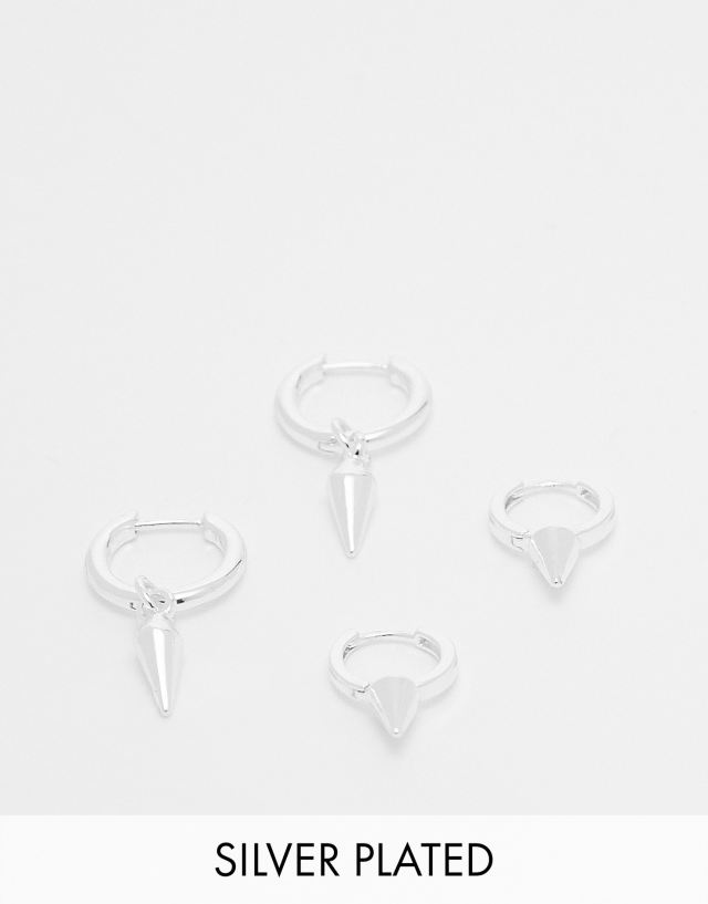 ASOS DESIGN 2 pack hoop earrings set with diamond pendants in silver plate