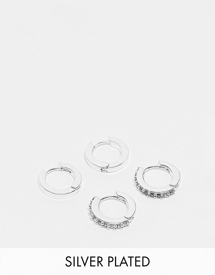 ASOS DESIGN 2 pack hoop earrings set with pave in silver plate