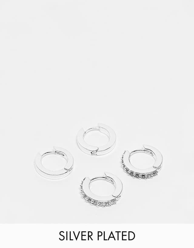 ASOS DESIGN 2 pack hoop earrings set with pave in silver plate