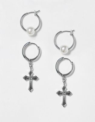 ASOS DESIGN 2 pack hoop earrings with faux pearls and silver crosses