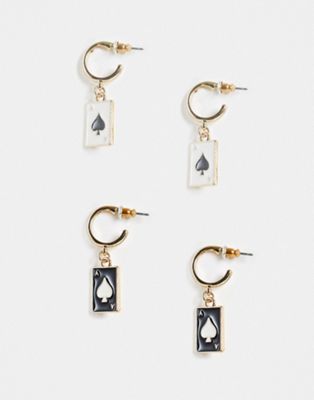 ASOS DESIGN 2 pack hoop earrings with playing card in black and white enamel