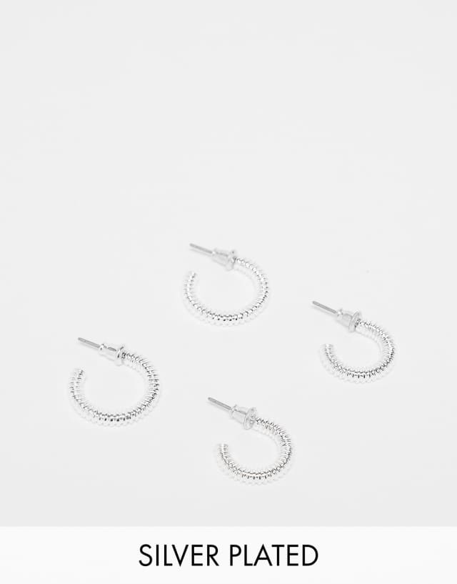 ASOS DESIGN 2 pack hoop earrings with spiral texture in real silver plate