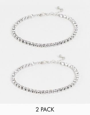 ASOS DESIGN 2 pack iced tennis bracelet set in silver tone