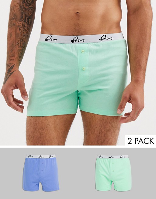 ASOS DESIGN 2 pack jersey boxers in blue and pastel green with branded waistband save