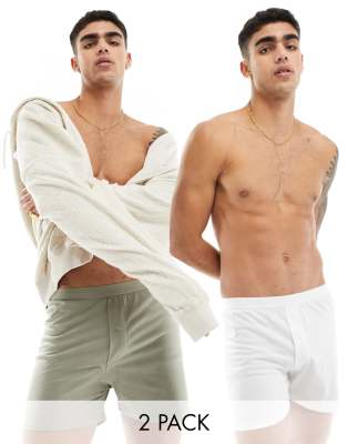 ASOS DESIGN 2 pack jersey boxers in khaki and white