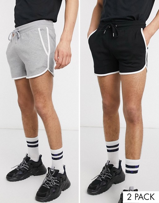 ASOS DESIGN 2 pack jersey runner shorts in grey marl/black