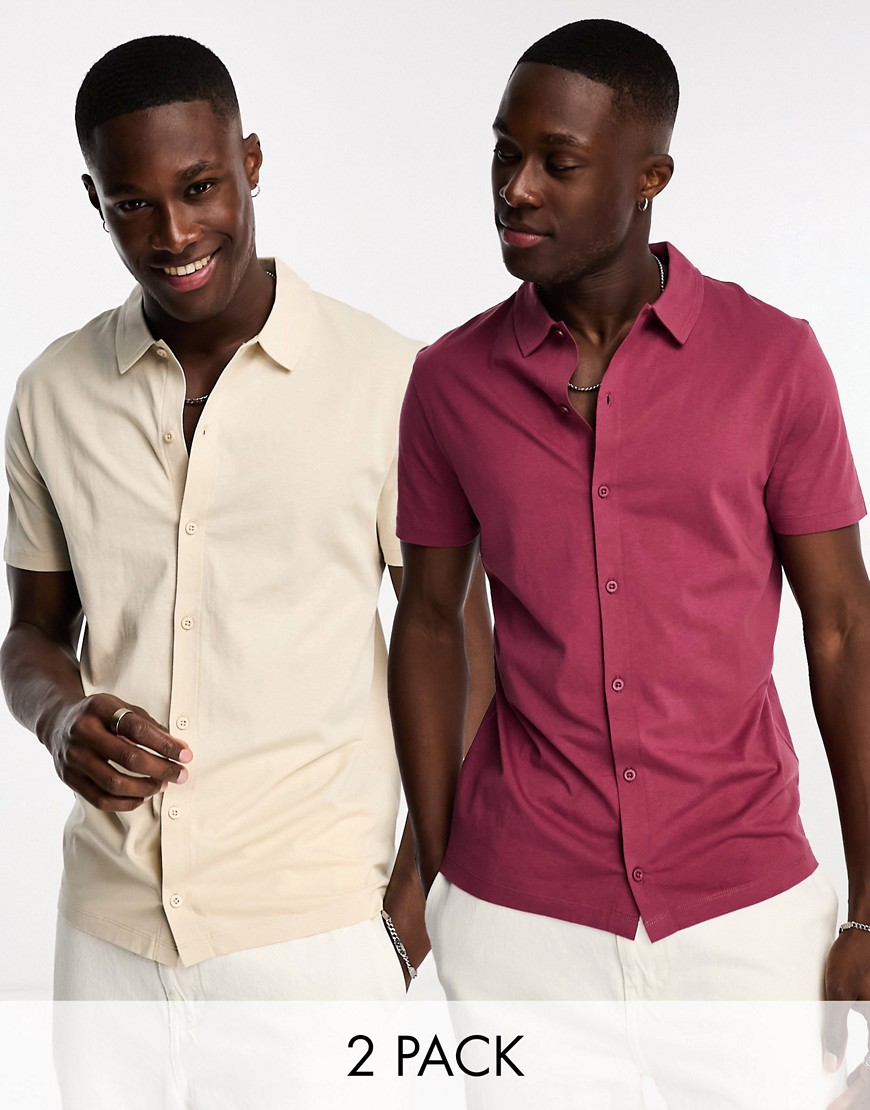 Asos Design 2-pack Jersey Shirts In Ecru And Maroon-multi