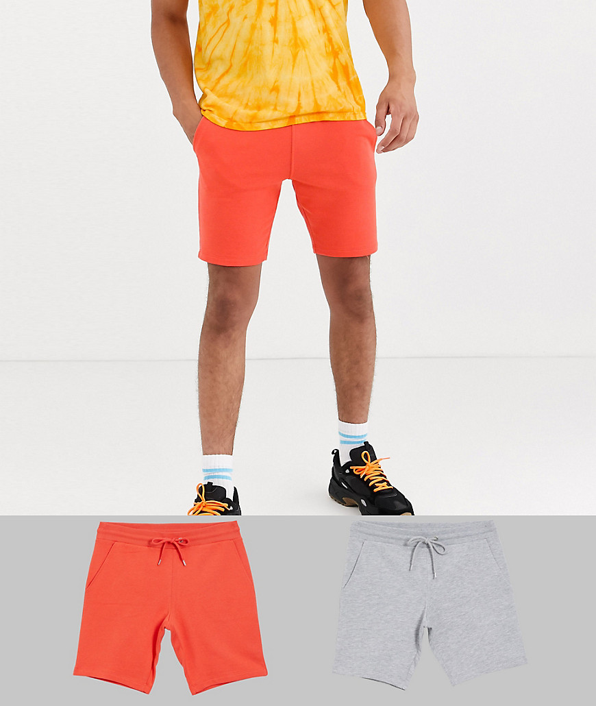 ASOS DESIGN 2 pack jersey skinny shorts in grey marl/pink save-Multi