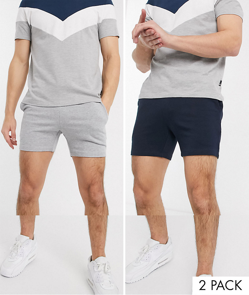 ASOS DESIGN 2 pack jersey skinny shorts in shorter length in grey marl/navy save-Multi