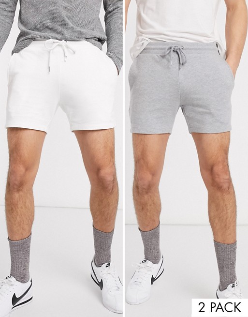 ASOS DESIGN 2 pack jersey skinny shorts in shorter length in grey marl/white save