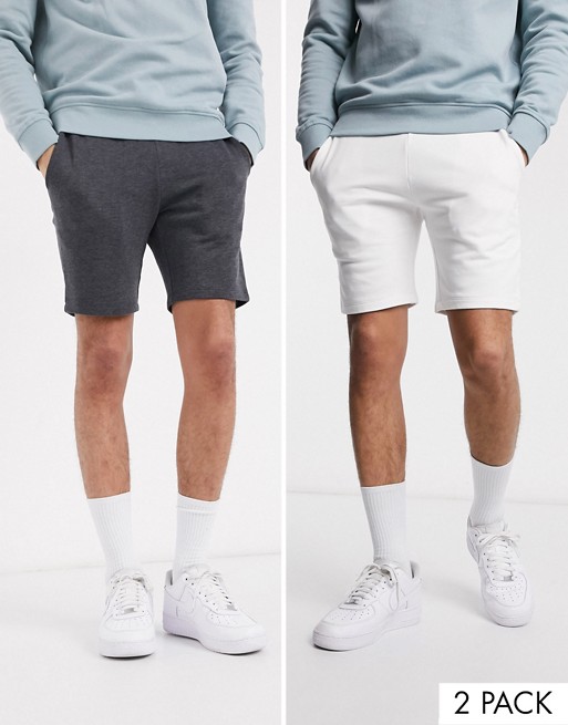 ASOS DESIGN 2 pack jersey skinny shorts in white/charcoal