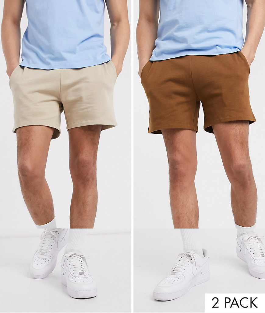 ASOS DESIGN 2 pack jersey slim shorts in beige/brown-Multi