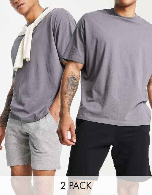 Men's Basic Retro Washed Solid Color 100% Cotton Short Sleeves Crew Neck T- shirt And Casual Drawstring Shorts Set In GRAY