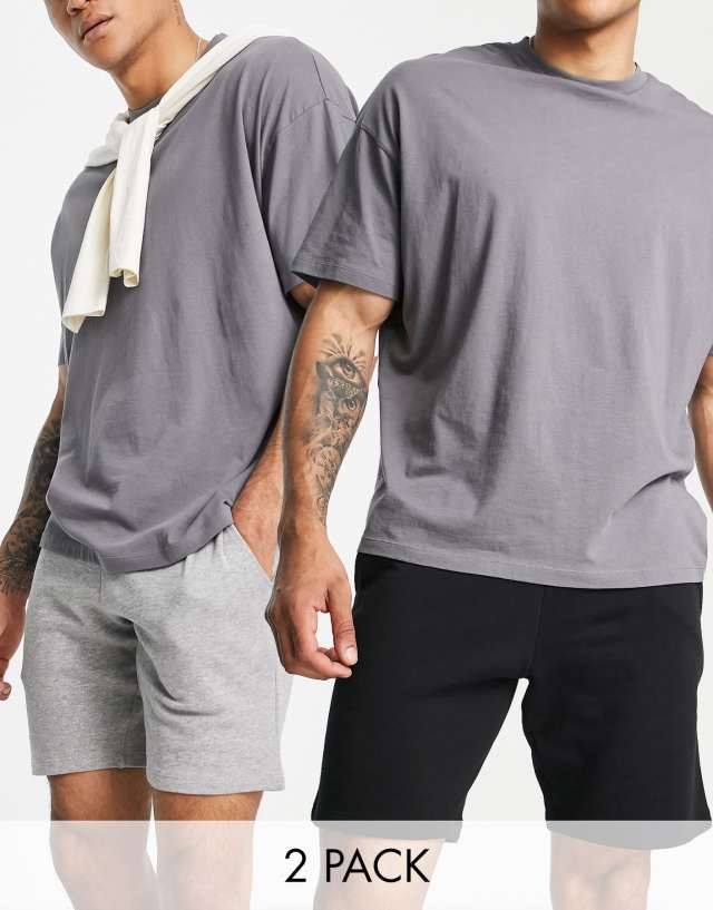 ASOS DESIGN 2 pack jersey slim shorts in black/heather gray