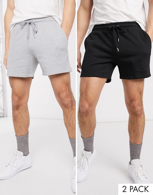 ASOS DESIGN 2 pack jersey slim shorts in shorter length in black/grey marl save