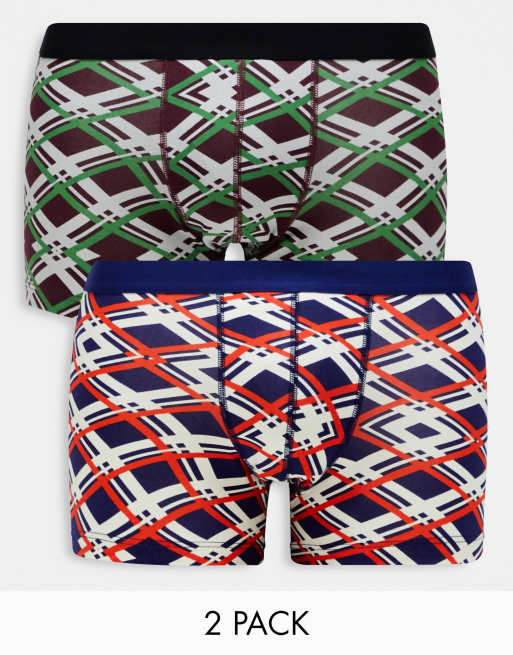 ASOS DESIGN 2 pack jersey trunks in green wavey check