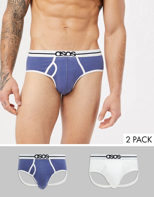 ASOS DESIGN 2 pack jock strap in white and blue organic cotton blend with branded waistband save