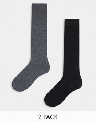 ASOS DESIGN 2 pack knee high socks in black and grey